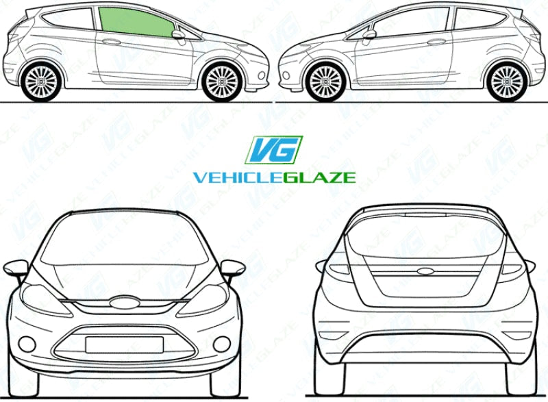 Ford Fiesta (3 Door) 2017-2022-Side Window Replacement-Ford Fiesta-Driver Right Front Door Glass-Green (Standard Spec)-VehicleGlaze