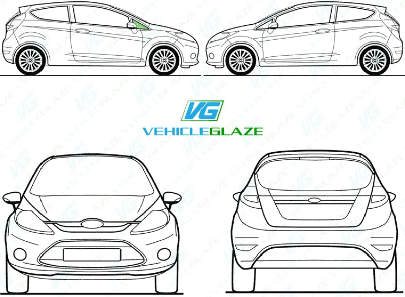 Ford Fiesta (3 Door) 2017-2022-Side Window Replacement-Ford Fiesta-Driver Right Front Quarter Glass (No Chrome)-Green (Standard Spec)-VehicleGlaze