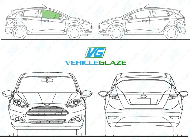 Ford Fiesta (5 Door) 2017-2022-Side Window Replacement-Ford Fiesta-Driver Right Front Door Glass-Green (Standard Spec)-VehicleGlaze
