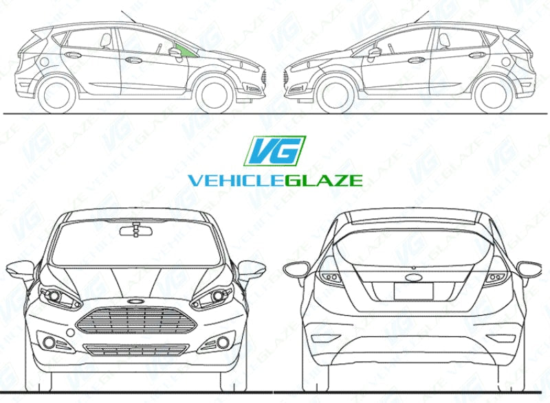Ford Fiesta (5 Door) 2017-2022-Side Window Replacement-Ford Fiesta-Driver Right Front Quarter Glass (No Chrome)-Green (Standard Spec)-VehicleGlaze