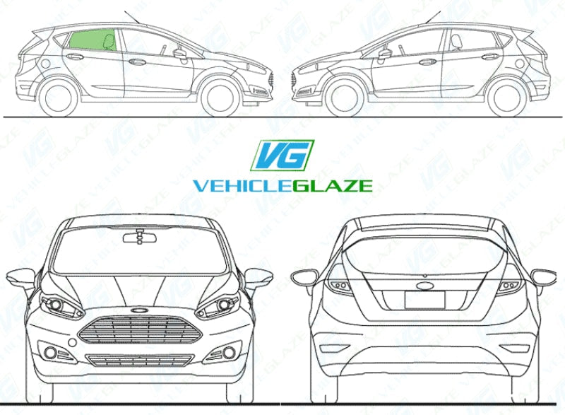 Ford Fiesta (5 Door) 2017-2022-Side Window Replacement-Ford Fiesta-Driver Right Rear Door Glass-Green (Standard Spec)-VehicleGlaze