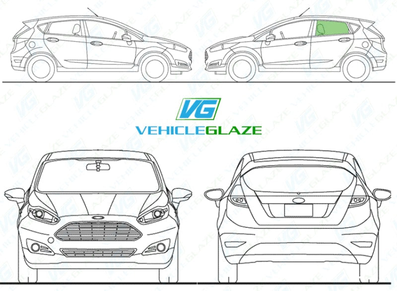 Ford Fiesta (5 Door) 2017-2022-Side Window Replacement-Ford Fiesta-Passenger Left Rear Door Glass-Green (Standard Spec)-VehicleGlaze