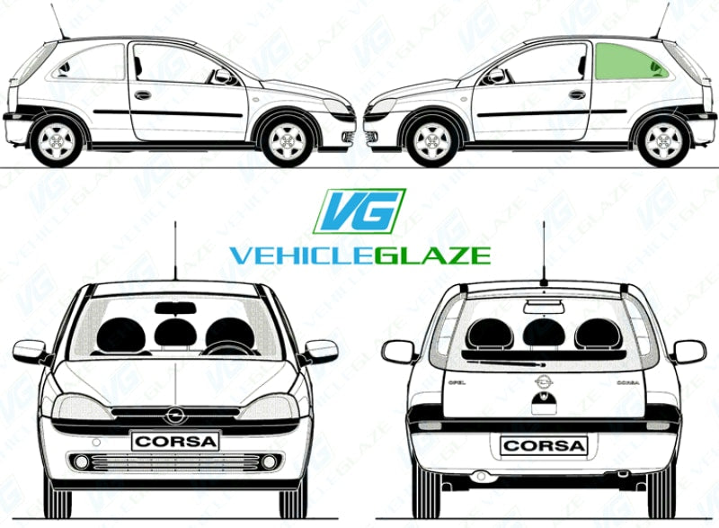 Vauxhall Corsa C (3 Door) 2000-2006-Side Window Replacement-Side Window-Passenger Left Rear Quarter Glass-Green (Standard Spec)-VehicleGlaze