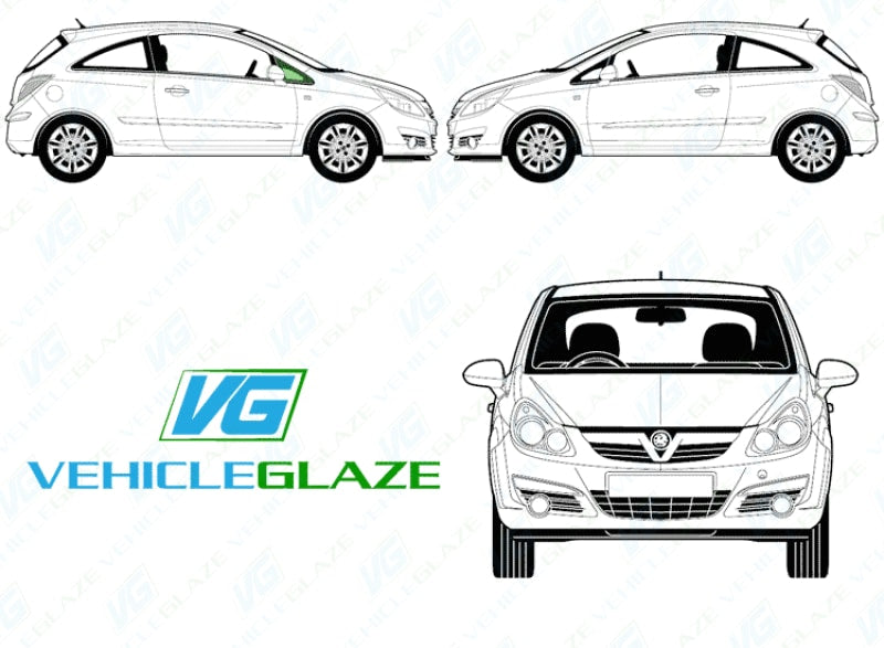 Vauxhall Corsa D (3 Door) 2006-2015-Side Window Replacement-Side Window-Driver Right Front Quarter Glass-Green (Standard Spec)-VehicleGlaze